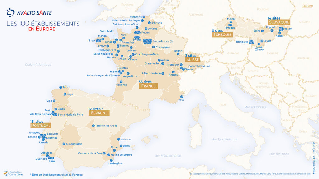 Carte des 100 établissements Vivalto Santé en Europe