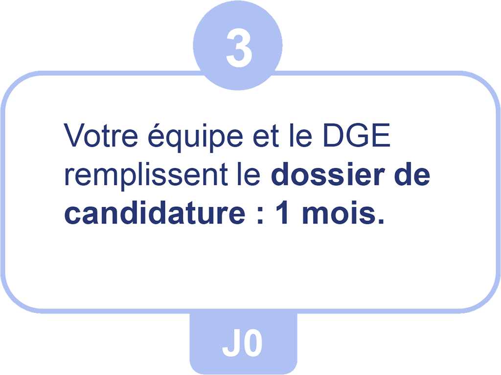 3 - Votre équipe et le DGE remplissent le dossier de candidature : 1 mois.
J0