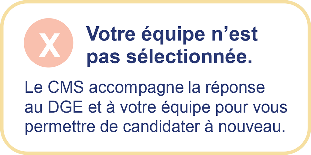 Votre équipe n'est pas sélectionnée.
Le CMS accompagne la réponse au DGE et à votre équipe pour vous permettre de candidater ultérieurement.