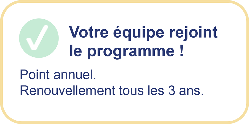 Votre équipe rejoint le programme !
Point annuel.
Renouvellement tous les 3 ans.